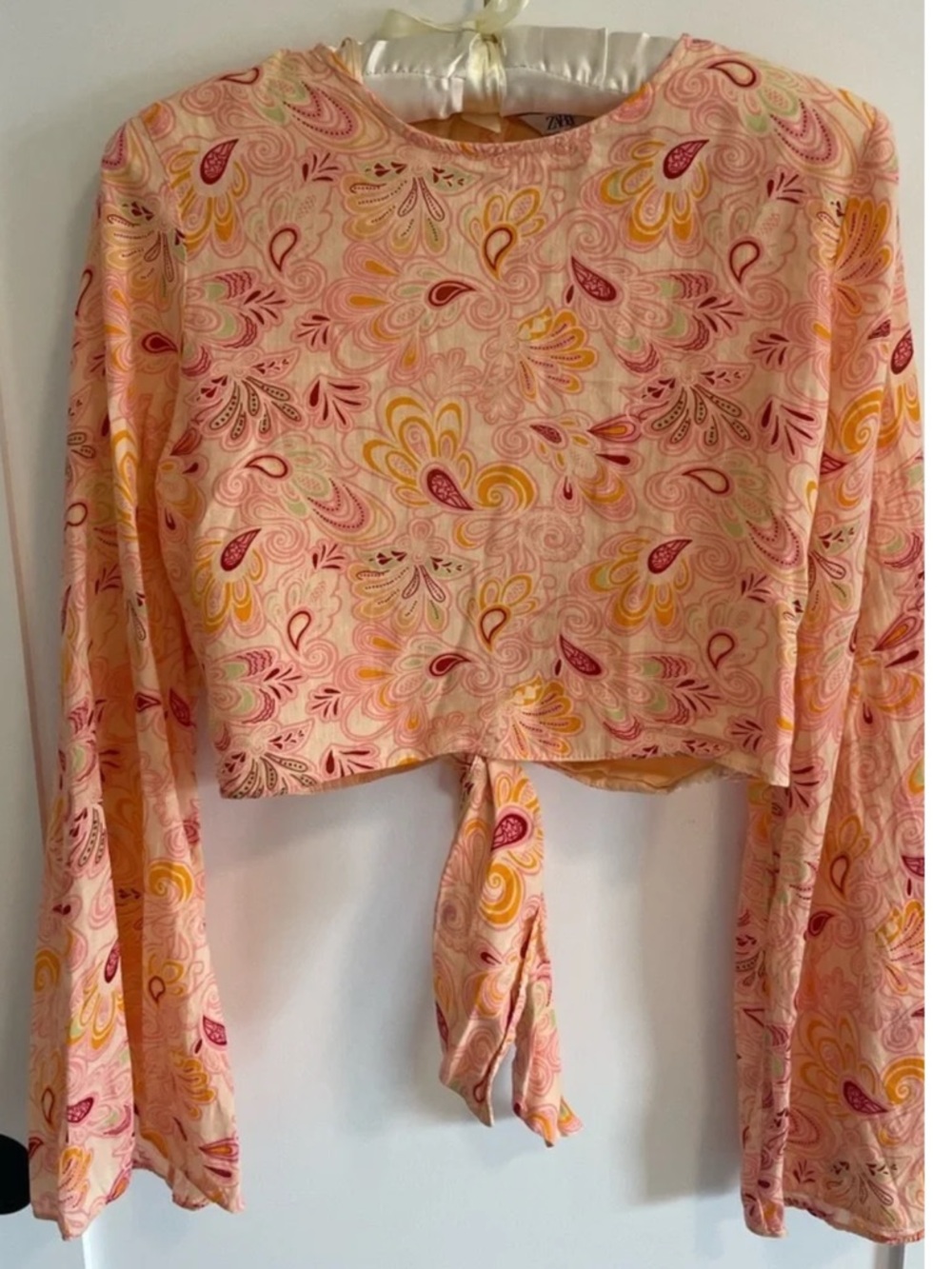 Zara paisley bell sleeve 70s inspired open back crop top Size XS